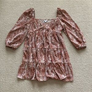 Gianni Bini Smocked Puff Sleeve Dress Square Neck Paisley Brown Size Large VEUC